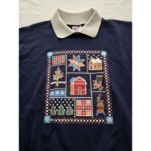 Vintage Christmas Farmhouse Sweatshirt Collared Barn Quilt Granny Size Large